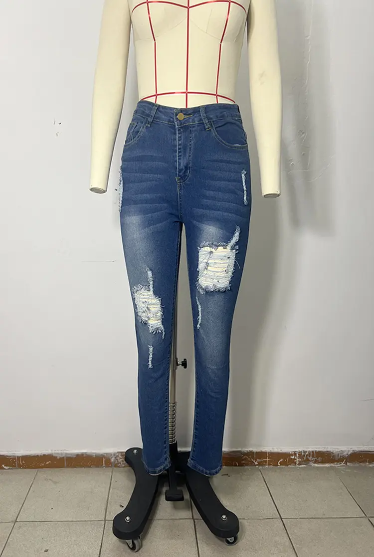 Jeans Women Hole Denim Pencil Pants Ripped Distressed Washed Stretch Mom High Waist Straight Ankle Length Trousers Streetwear
