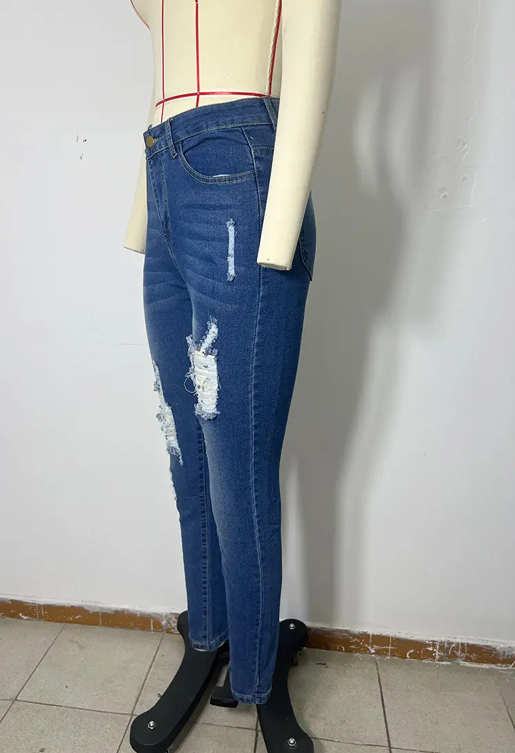 Jeans Women Hole Denim Pencil Pants Ripped Distressed Washed Stretch Mom High Waist Straight Ankle Length Trousers Streetwear