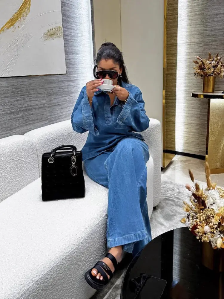 Denim Pant Set Women Two Piece Sets Turn Down Collar Mom Jeans Shirt Tops Wide Leg Long Pants Straight Trousers Y2k Streetwear