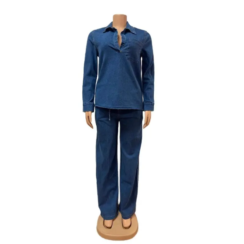 Denim Pant Set Women Two Piece Sets Turn Down Collar Mom Jeans Shirt Tops Wide Leg Long Pants Straight Trousers Y2k Streetwear