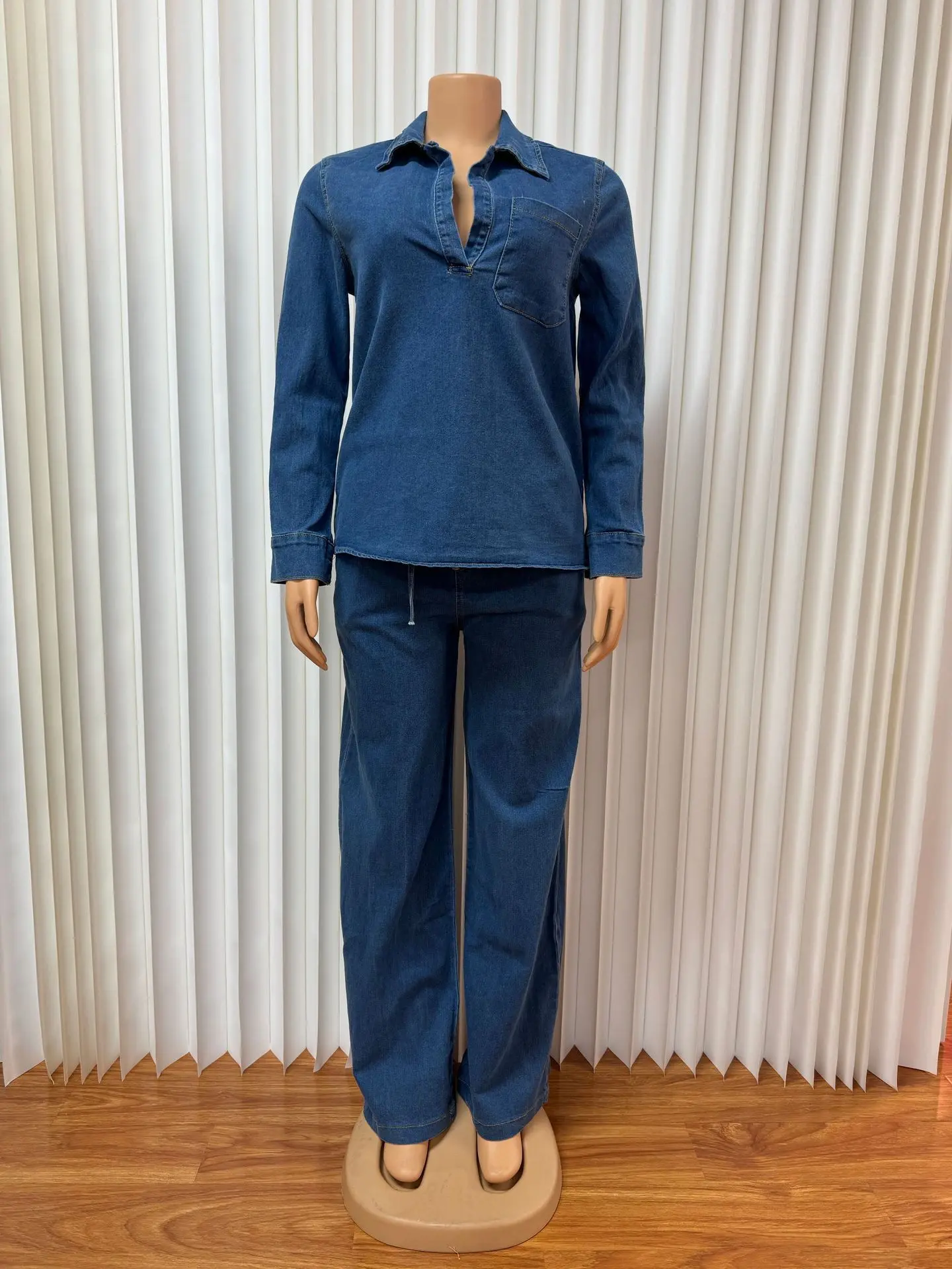 Denim Pant Set Women Two Piece Sets Turn Down Collar Mom Jeans Shirt Tops Wide Leg Long Pants Straight Trousers Y2k Streetwear
