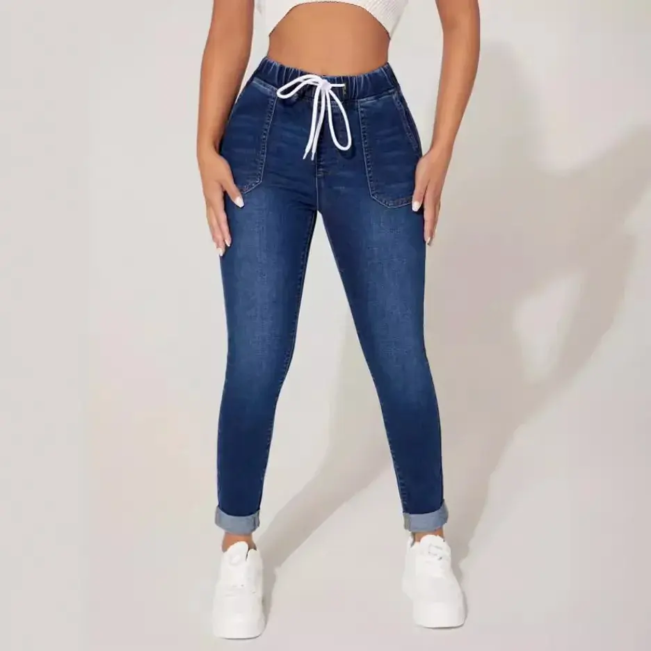 Stretch Pencil Pants Women High Waist Lace Up Distressed Denim Ankle Length Trousers Slim Denims 2025 Streetwear Vintage Jeans