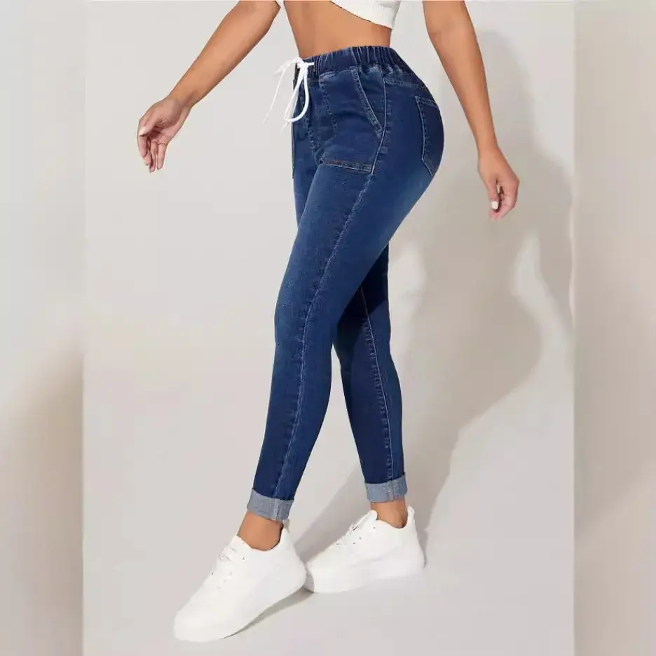 Stretch Pencil Pants Women High Waist Lace Up Distressed Denim Ankle Length Trousers Slim Denims 2025 Streetwear Vintage Jeans