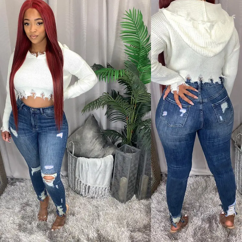 Jeans Women Hole Denim Pencil Pants Ripped Distressed Mom Washed Skinny Stretch High Waist Streetwear Ankle Length Trousers 2025
