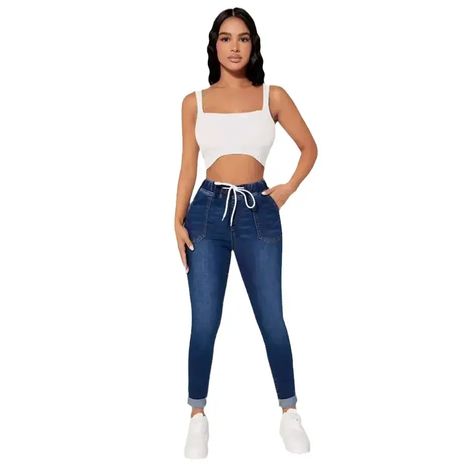 Stretch Pencil Pants Women High Waist Lace Up Distressed Denim Ankle Length Trousers Slim Denims 2025 Streetwear Vintage Jeans