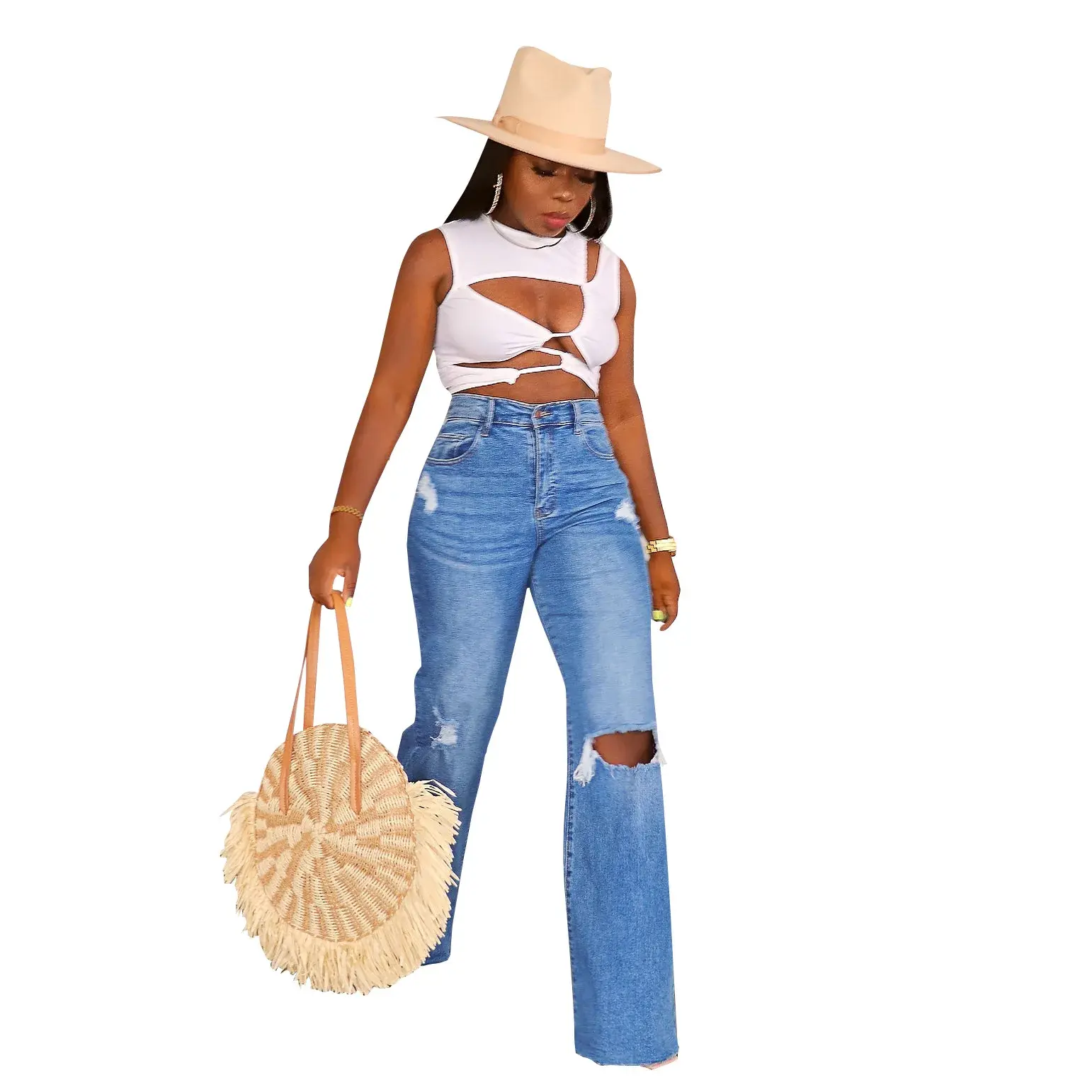 Women Jeans Ankle Length Holes Loose Flat Straight Pants Zipper Fly Pockets Solid Color High Street Slight Strech Denim