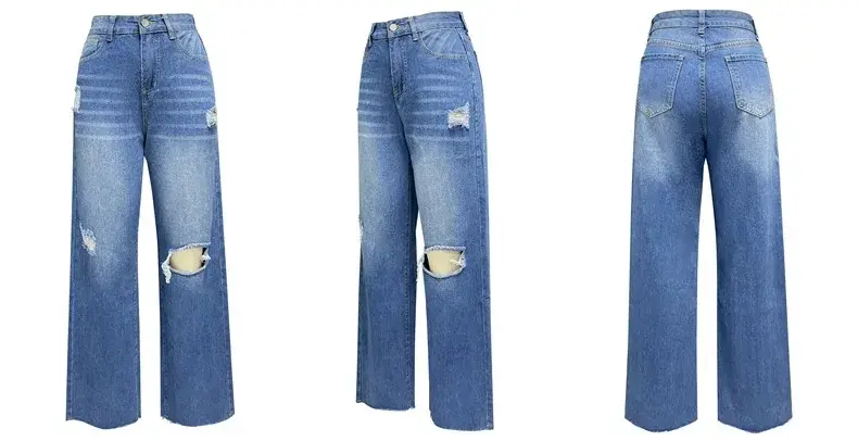 Women Jeans Ankle Length Holes Loose Flat Straight Pants Zipper Fly Pockets Solid Color High Street Slight Strech Denim