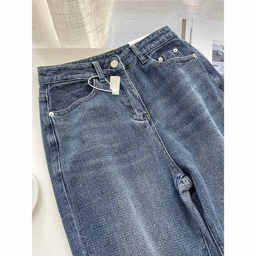 Jeans Women Wide Leg Pants Denim High Waist Zipper Fly Vintage Pockets Button Floor Length Trousers Straight Casual Denims