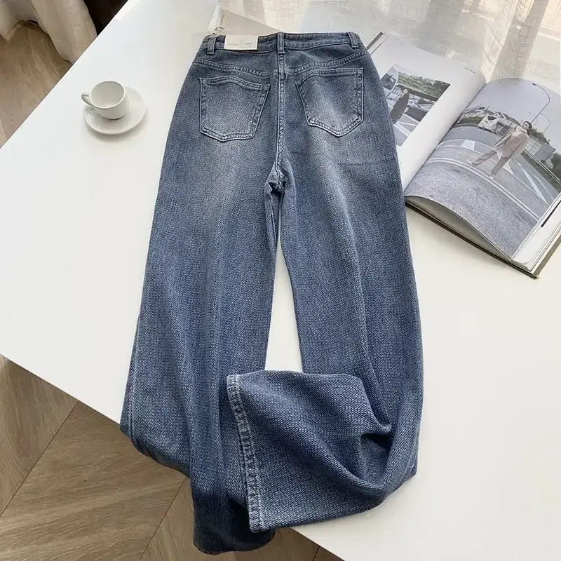 Jeans Women Wide Leg Pants Denim High Waist Zipper Fly Vintage Pockets Button Floor Length Trousers Straight Casual Denims