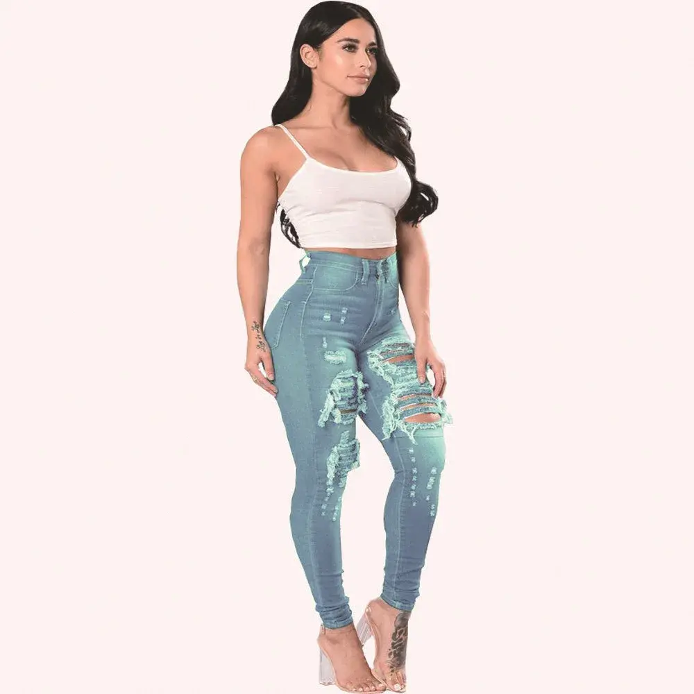 Jeans Women Hole Denim Pencil Pants Ripped Skinny Ankle Length Trousers Stretch High Waist Distressed Washed 2025 Streetwear
