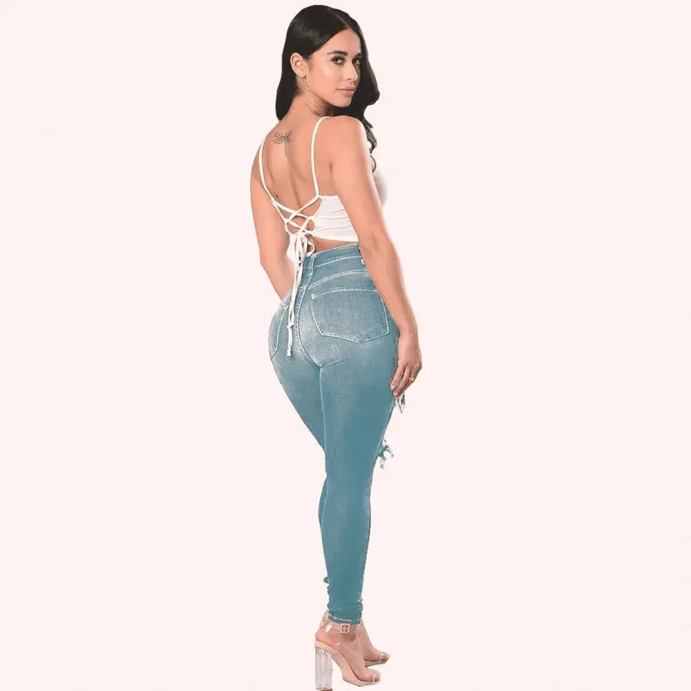 Jeans Women Hole Denim Pencil Pants Ripped Skinny Ankle Length Trousers Stretch High Waist Distressed Washed 2025 Streetwear