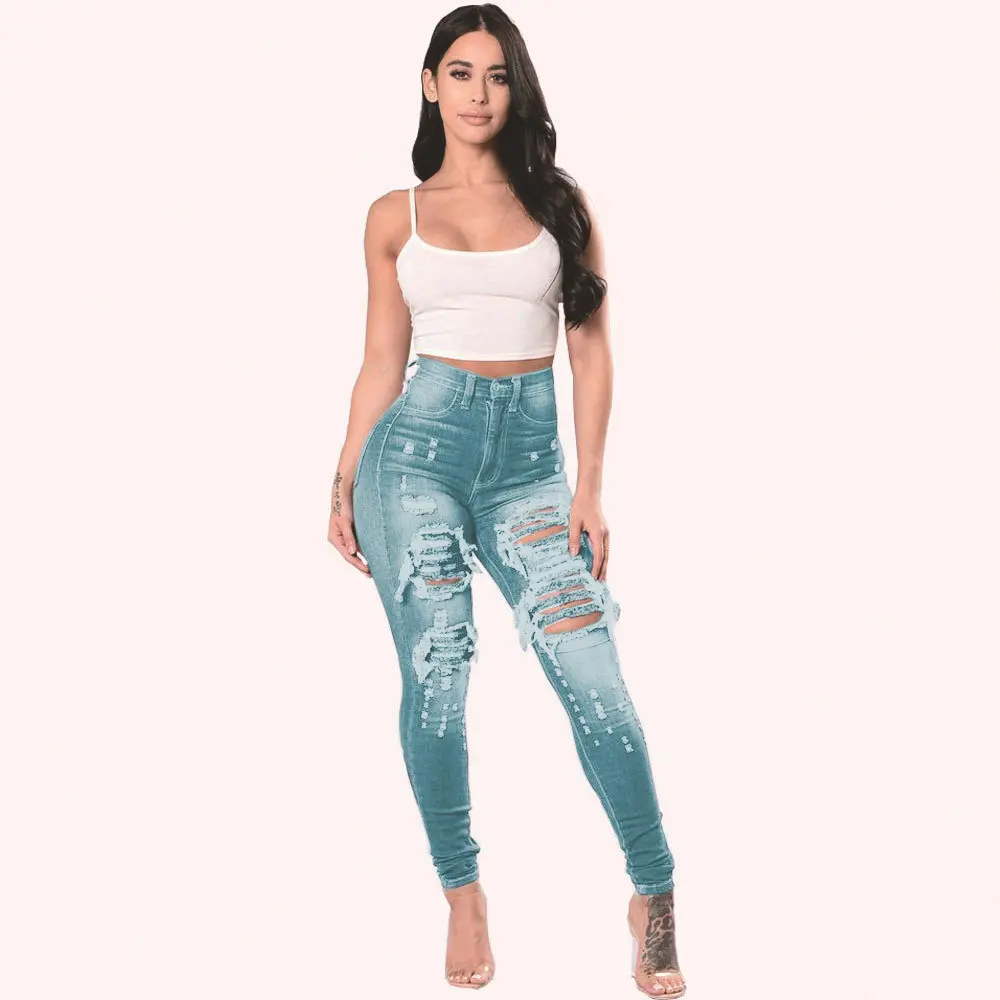 Jeans Women Hole Denim Pencil Pants Ripped Skinny Ankle Length Trousers Stretch High Waist Distressed Washed 2025 Streetwear