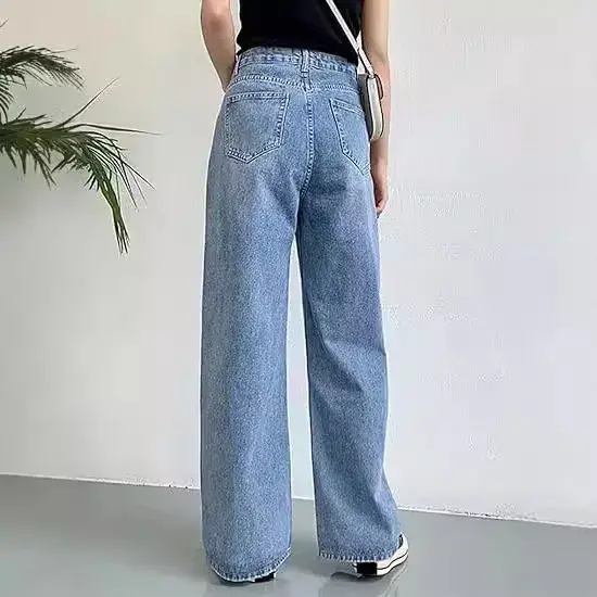 Jeans Women Denim Wide Leg Pants Mom High Waist Washed Distressed Pockets Floor Length 2025 Streetwear Basis Straight Trousers