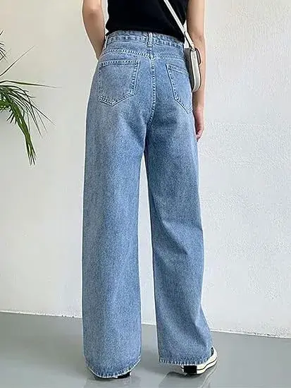 Jeans Women Denim Wide Leg Pants Mom High Waist Washed Distressed Pockets Floor Length 2025 Streetwear Basis Straight Trousers