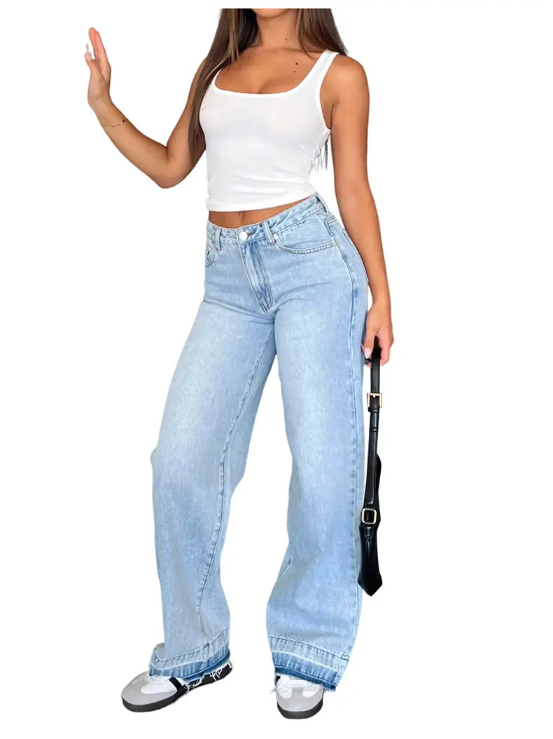 Denim Pant Women Mom Jeans Long Pants Mid Waist Straight Trousers Y2k Streetwear Elegant Splice Club Simple Spring 2025 Blue