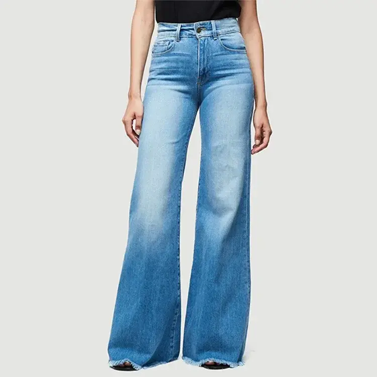 Women Washed Jeans Flare Pants Denim Mid Waist Vintage Denims Pockets Button Basics Full Length Solid Color Casual Trousers