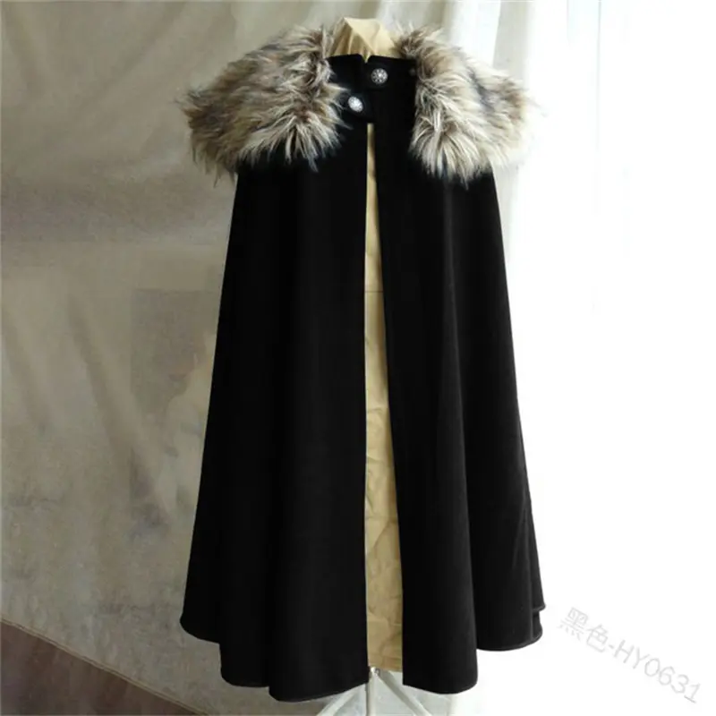 Men's Medieval Costume Cloak Autumn Winter Thick Warm Solid Fur Collar Cape Coat Loose Gothic Women Vintage Woolen Ladies Coats