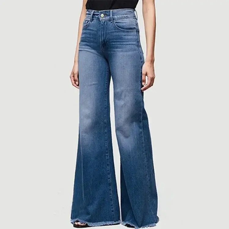 Women Washed Jeans Flare Pants Denim Mid Waist Vintage Denims Pockets Button Basics Full Length Solid Color Casual Trousers