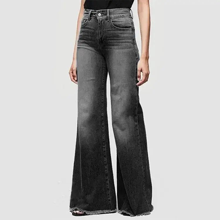 Women Washed Jeans Flare Pants Denim Mid Waist Vintage Denims Pockets Button Basics Full Length Solid Color Casual Trousers