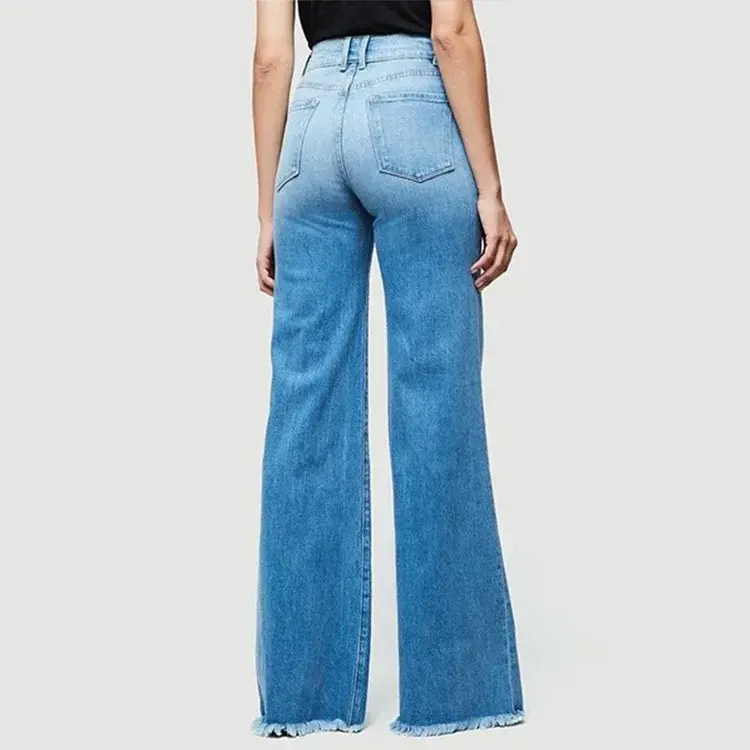 Women Washed Jeans Flare Pants Denim Mid Waist Vintage Denims Pockets Button Basics Full Length Solid Color Casual Trousers