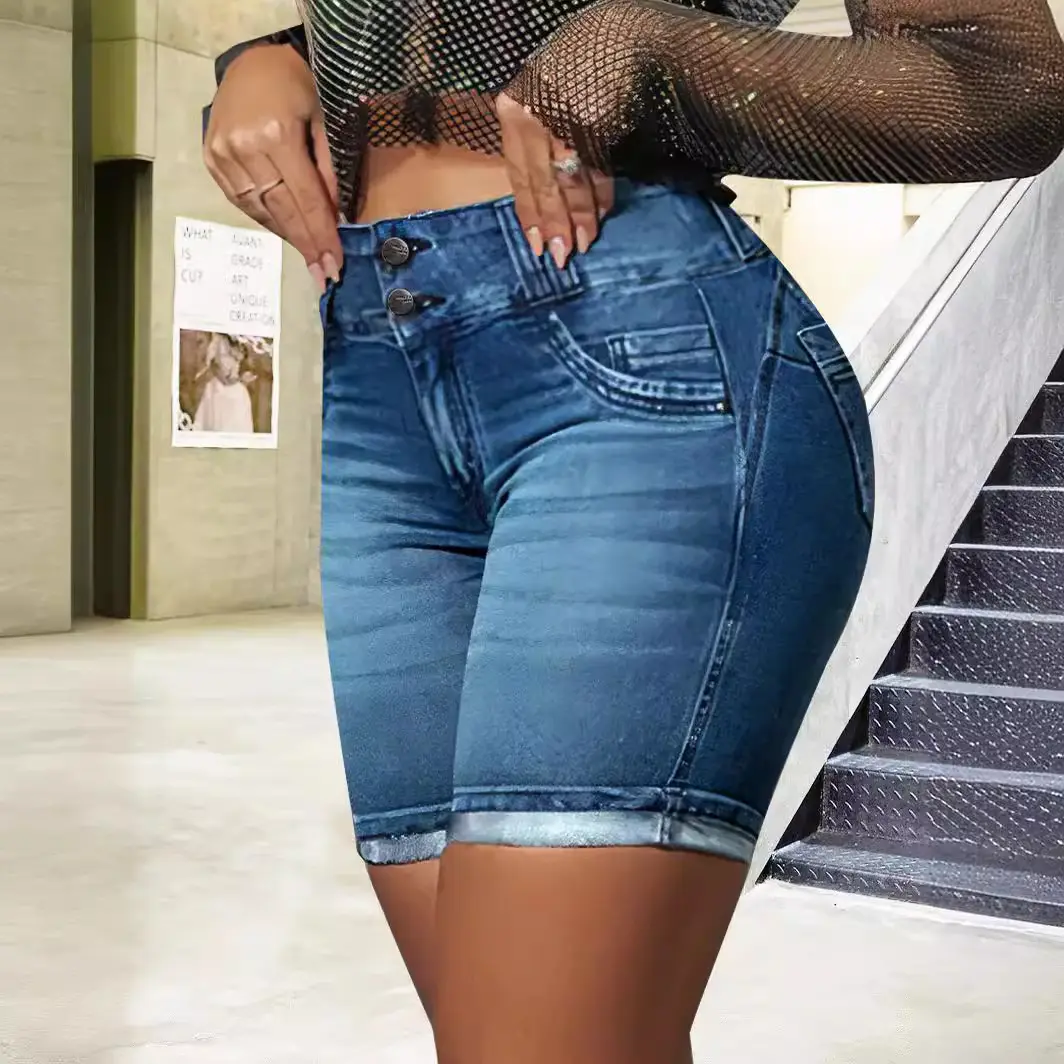 Women Jeans Sexy Sheath Shorts Washing Denim High Waist Slim Fit Zipper Fly Flat Spliced Summer Pockets Button Basics 2025