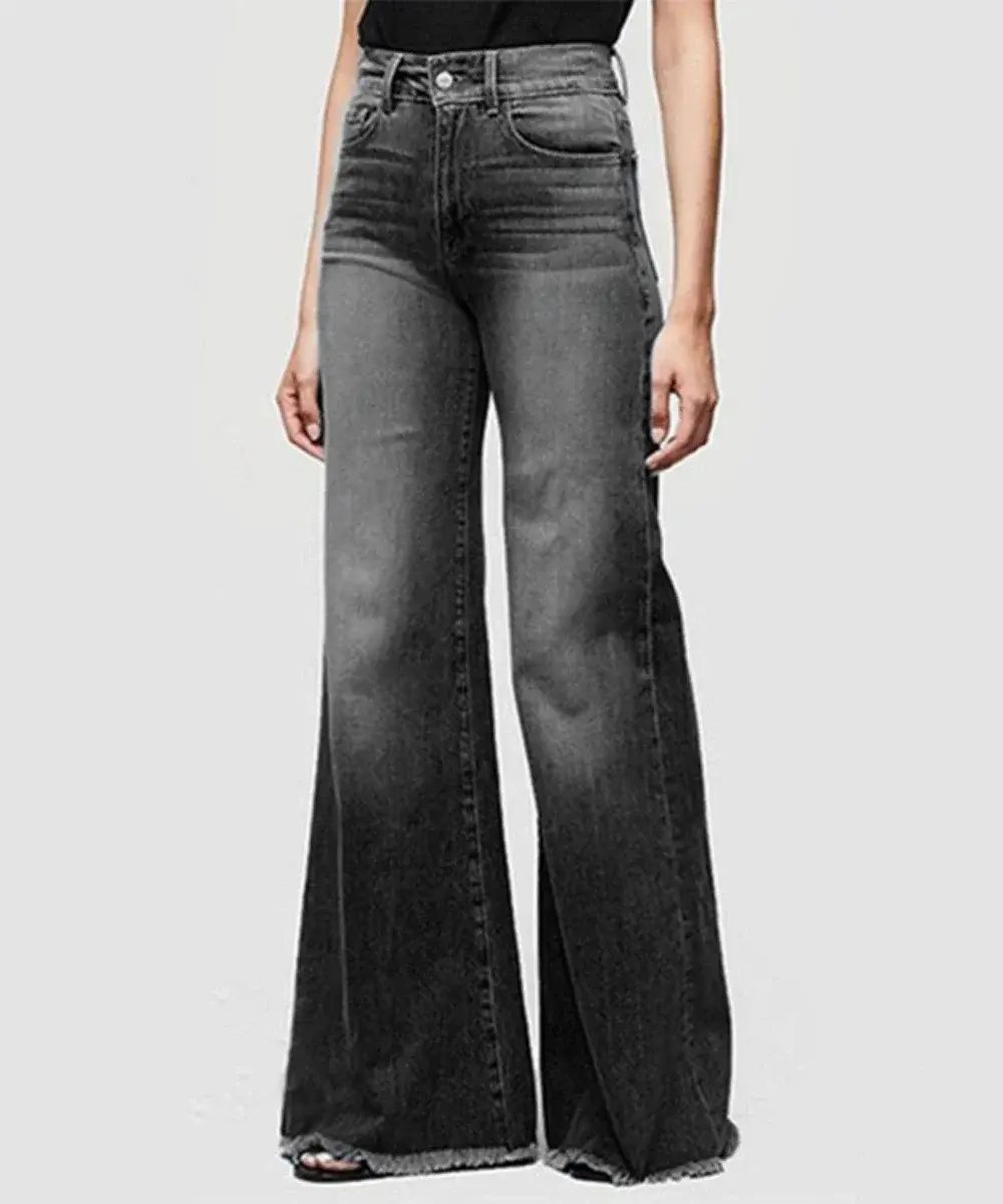 Women Washed Jeans Flare Pants Denim Mid Waist Vintage Denims Pockets Button Basics Full Length Solid Color Casual Trousers