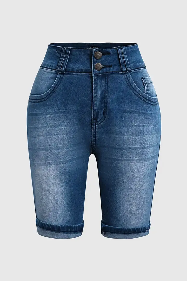 Women Jeans Sexy Sheath Shorts Washing Denim High Waist Slim Fit Zipper Fly Flat Spliced Summer Pockets Button Basics 2025