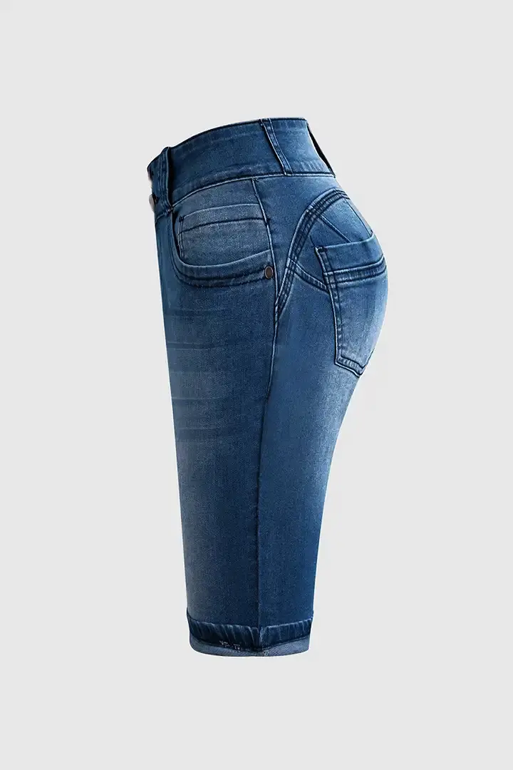Women Jeans Sexy Sheath Shorts Washing Denim High Waist Slim Fit Zipper Fly Flat Spliced Summer Pockets Button Basics 2025