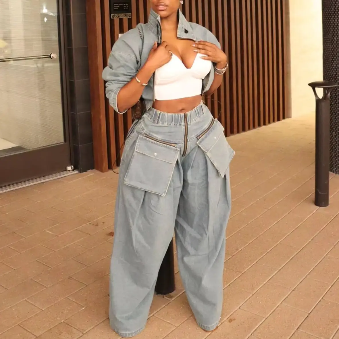 Denim Two Piece Sets Women Coat Jacket Wide Leg Pants Jeans Suits Matching Sets Trousers Outfits 2025 Y2k Streetwear Party