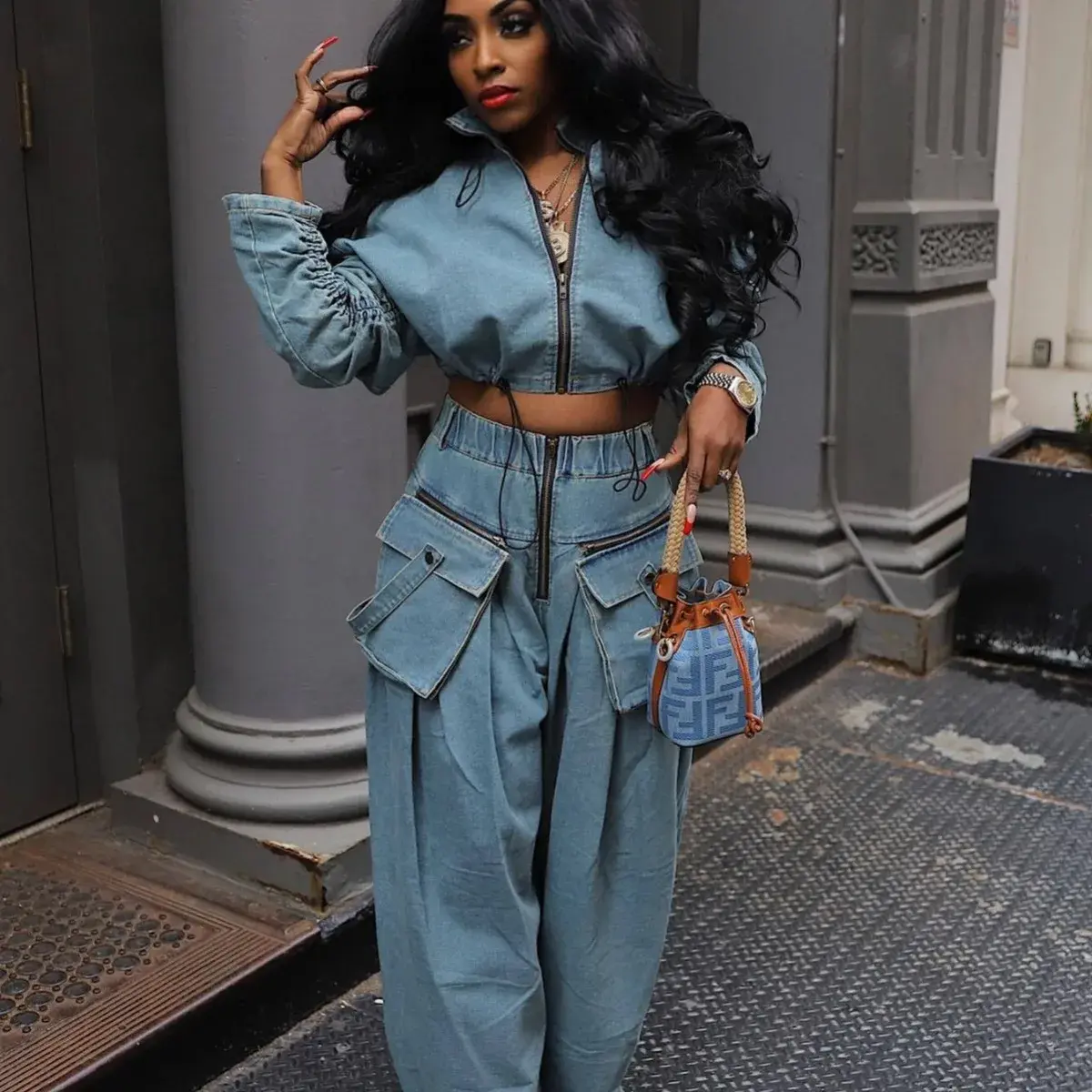Denim Two Piece Sets Women Coat Jacket Wide Leg Pants Jeans Suits Matching Sets Trousers Outfits 2025 Y2k Streetwear Party