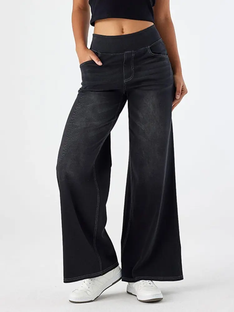 Women Jeans Denim Pant Wide Leg Long Pants Y2k Streetwear Elastic Waist Straight Trousers Elegant Mom Jeans Temperament Casual