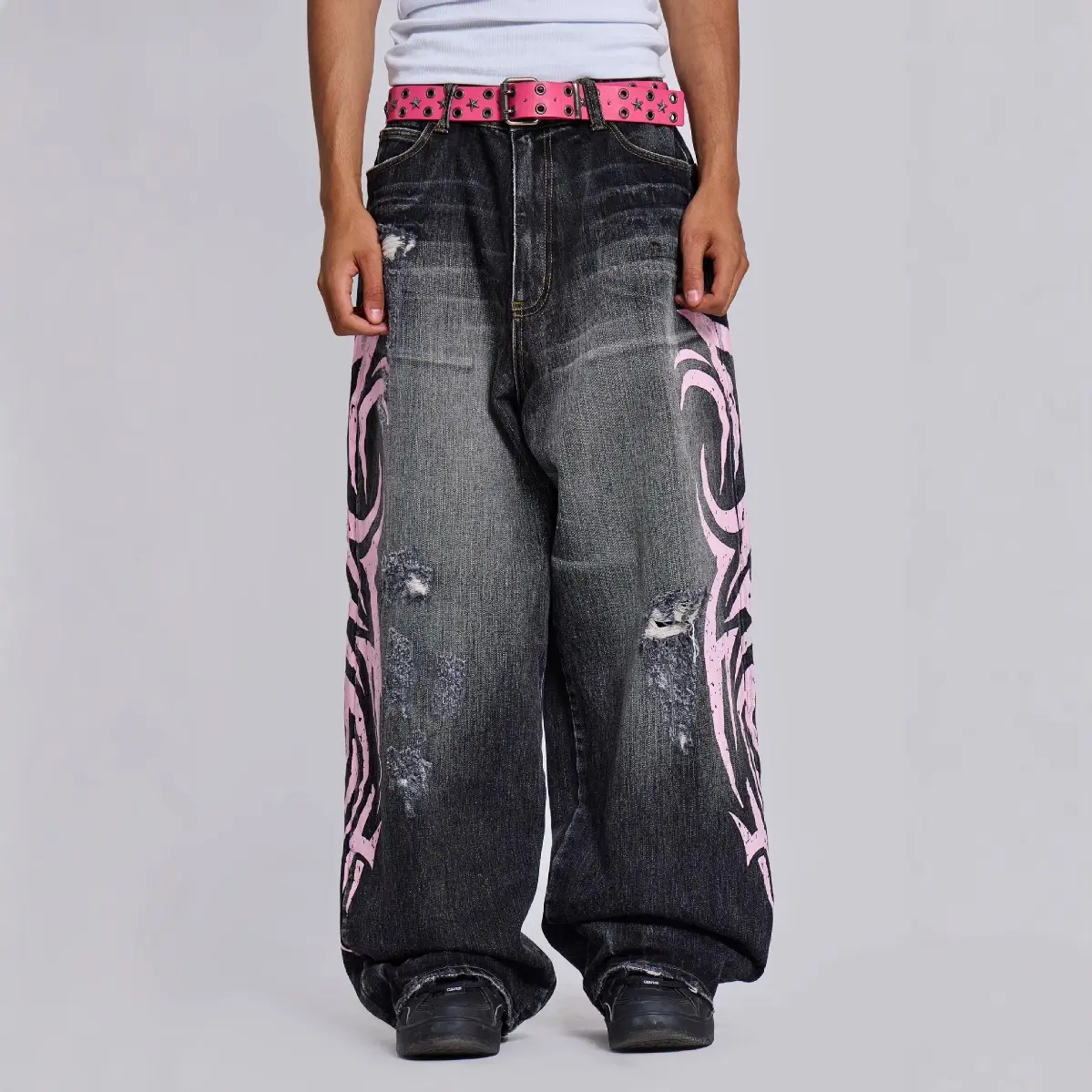 Denim Pant Women Jeans Wide Leg Long Pants Hole High Waist Straight Trousers Y2k Streetwear Print Mom Jeans Casual Loose 2025