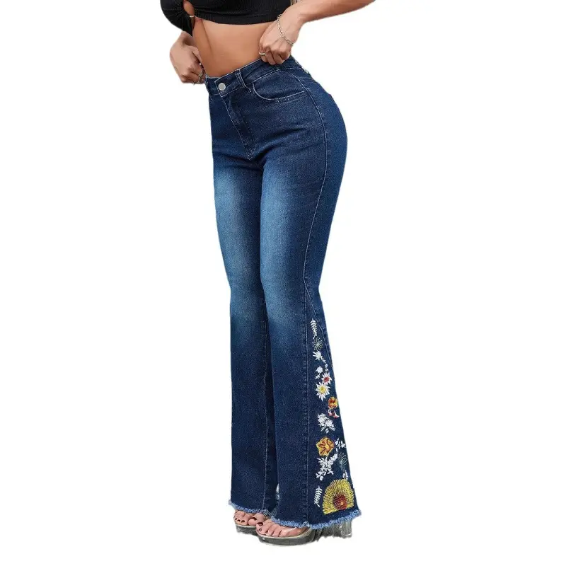 Denim Pant Women Mom Jeans Long Flare Pants Slim Fit Embroidery High Waist Trousers Y2k Streetwear Elegant Splice Party 2025