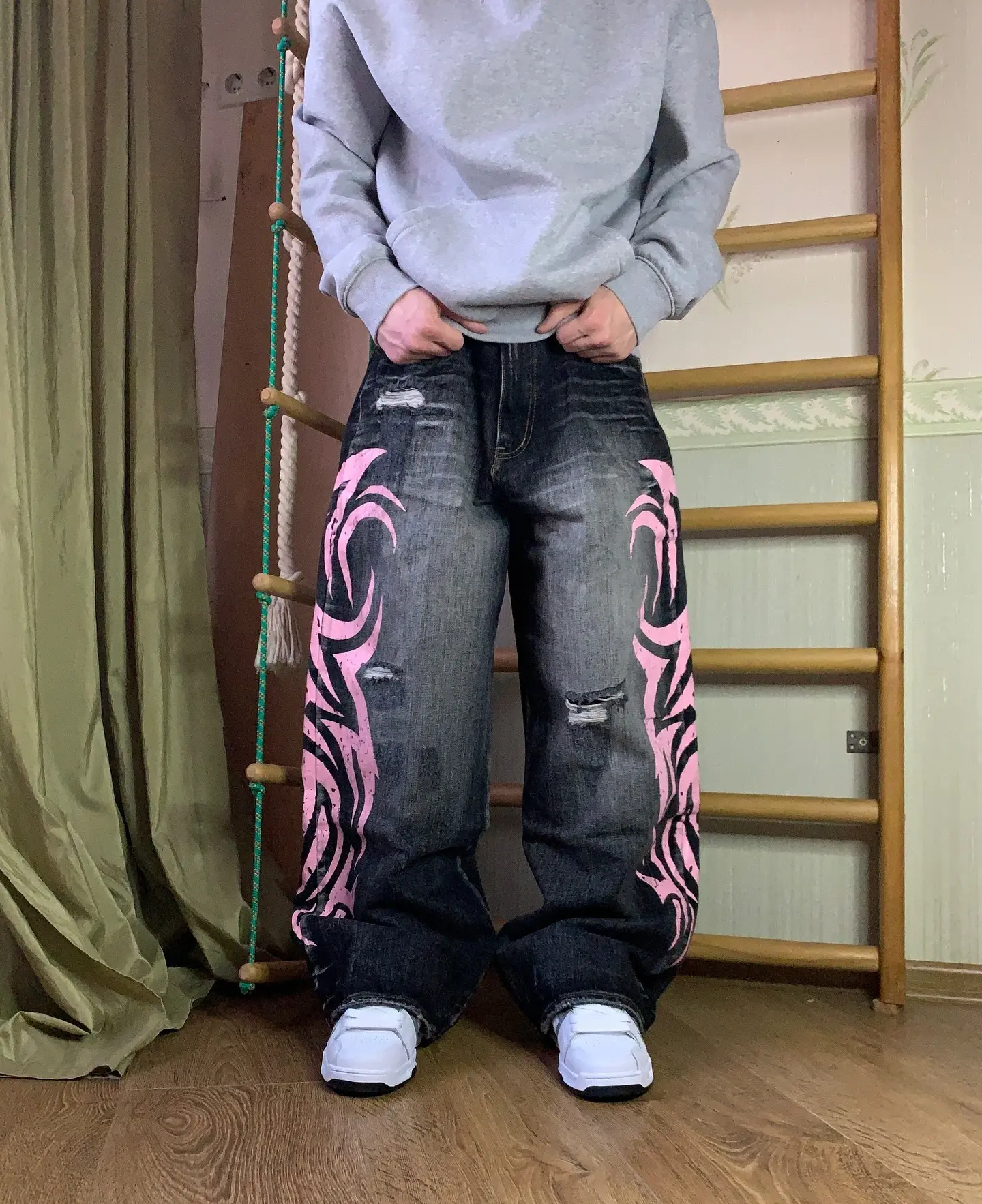 Denim Pant Women Jeans Wide Leg Long Pants Hole High Waist Straight Trousers Y2k Streetwear Print Mom Jeans Casual Loose 2025