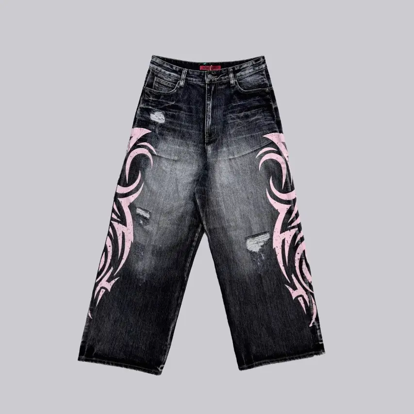 Denim Pant Women Jeans Wide Leg Long Pants Hole High Waist Straight Trousers Y2k Streetwear Print Mom Jeans Casual Loose 2025