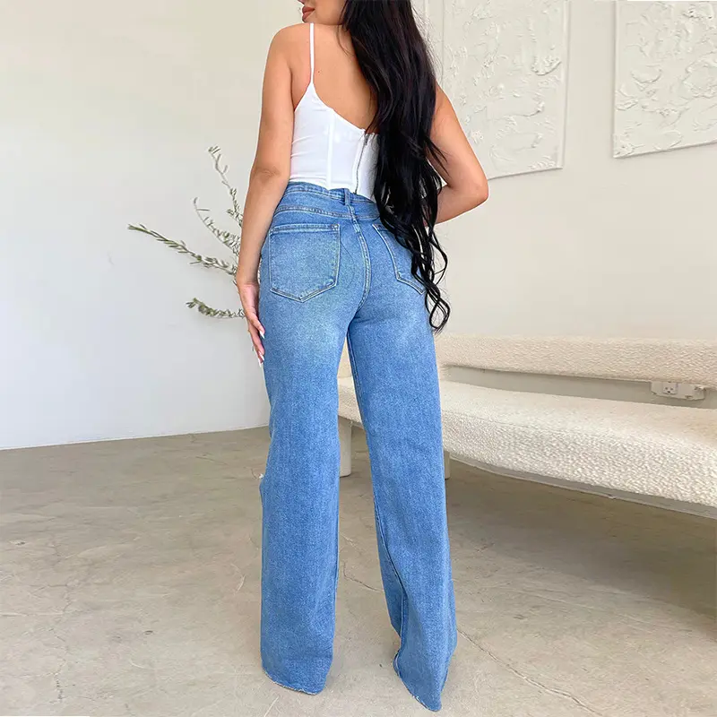 Women Jeans Wide Leg Pants Denim High Waist Zipper Fly Washing Holes Pockets High Street Ankle Length Flash Spring 2024