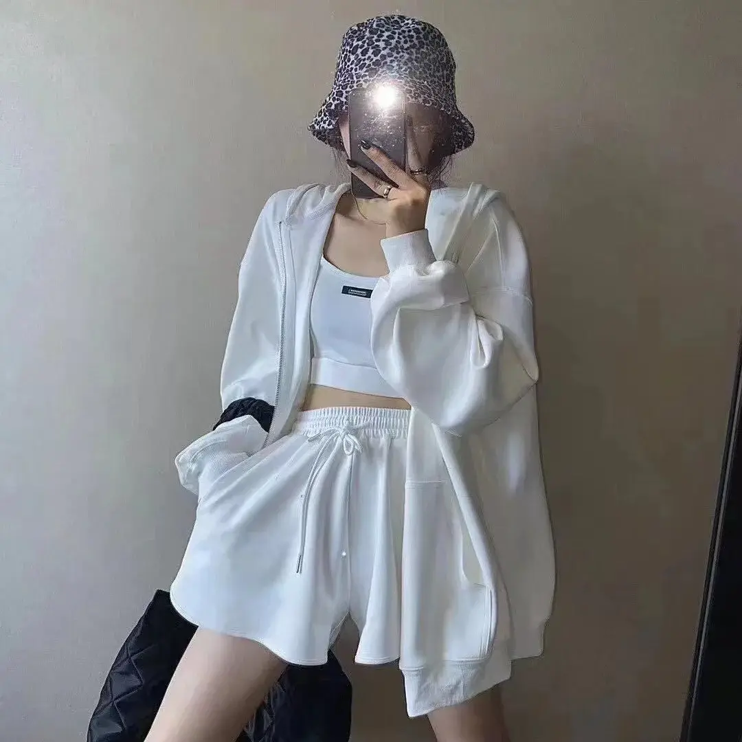 Shorts Three 3 Piece Sets Women Casual Vest Drawstring Short Hooded Zipper Jacket Sportswear Suits Y2k Streetwear Sports Hoodies