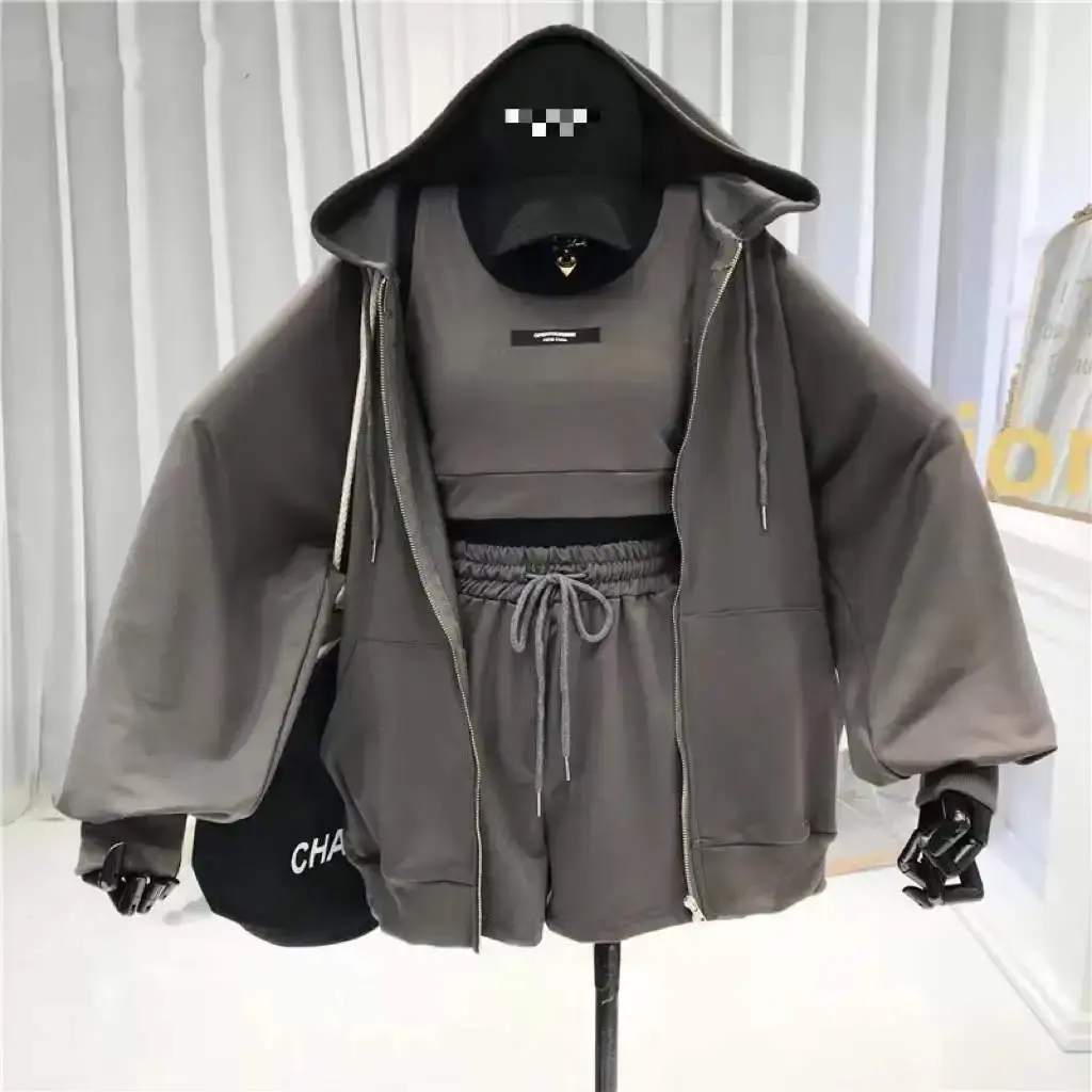 Shorts Three 3 Piece Sets Women Casual Vest Drawstring Short Hooded Zipper Jacket Sportswear Suits Y2k Streetwear Sports Hoodies