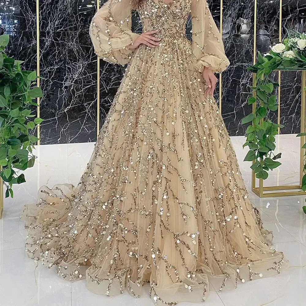 Women Dresses Long Sleeve V Neck Dress Zipper Solid Color Sequins Party Dress Vestidos Formal Floor Length Sexy Gold Stamp