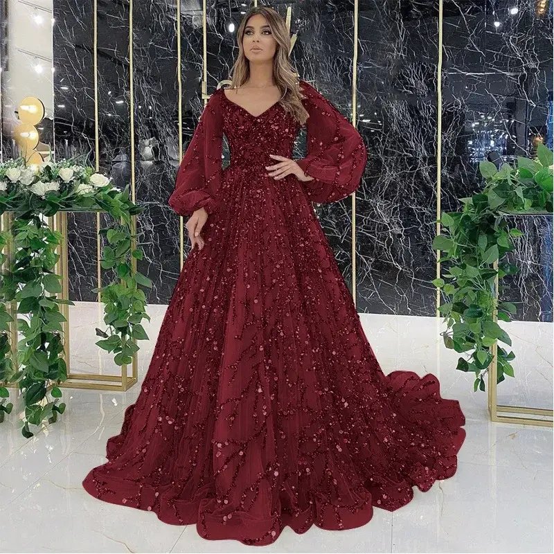 Women Dresses Long Sleeve V Neck Dress Zipper Solid Color Sequins Party Dress Vestidos Formal Floor Length Sexy Gold Stamp