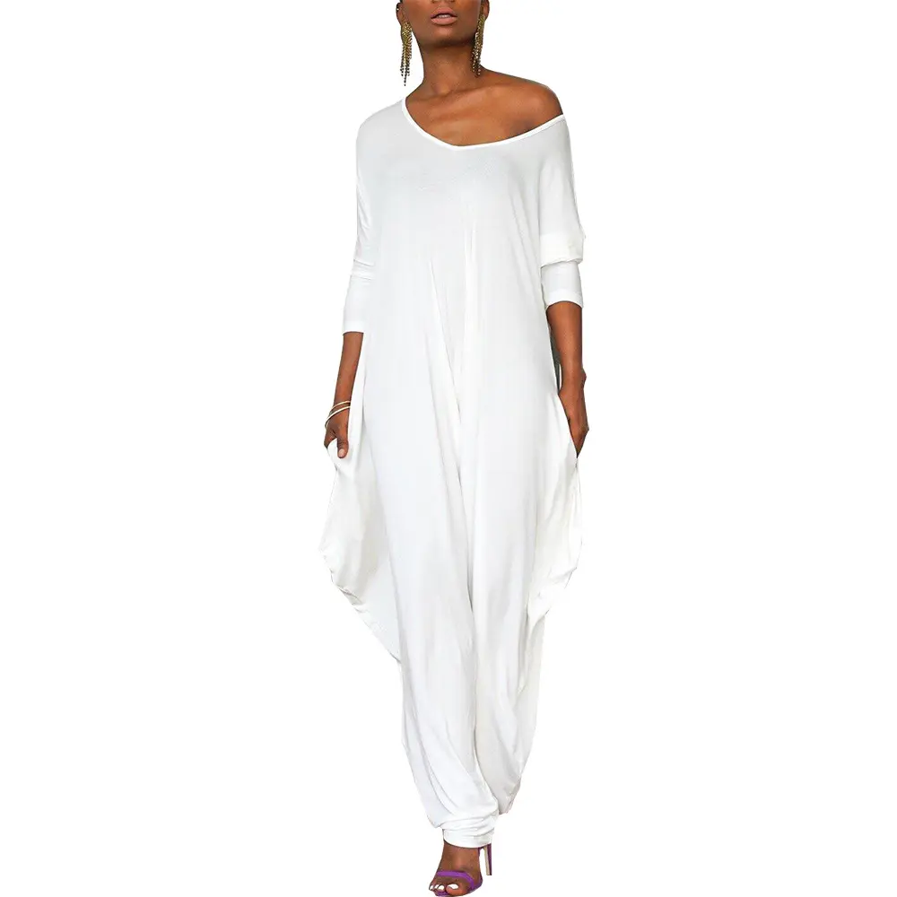 Women Jumpsuits Long Sleeve O Neck Rompers One Piece Overalls Pockets Wide Leg Pants Loose Casual Slight Strech Solid Spring