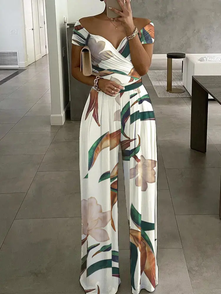 Floral Print Jumpsuit Women Summer Y2k Straight Party Overalls Y2k Club Romper Elegant Off Shoulder Sleeveless Party Jumpsuits