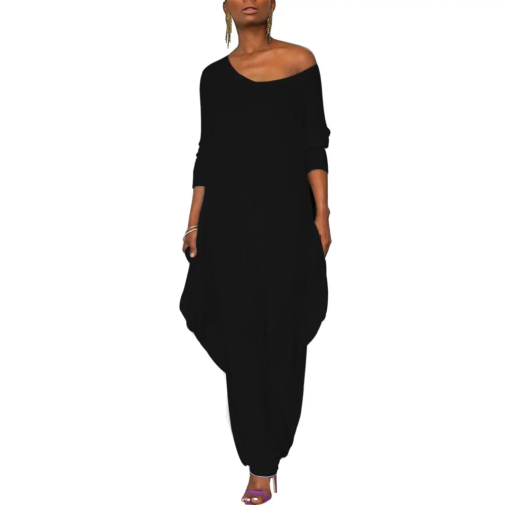 Women Jumpsuits Long Sleeve O Neck Rompers One Piece Overalls Pockets Wide Leg Pants Loose Casual Slight Strech Solid Spring
