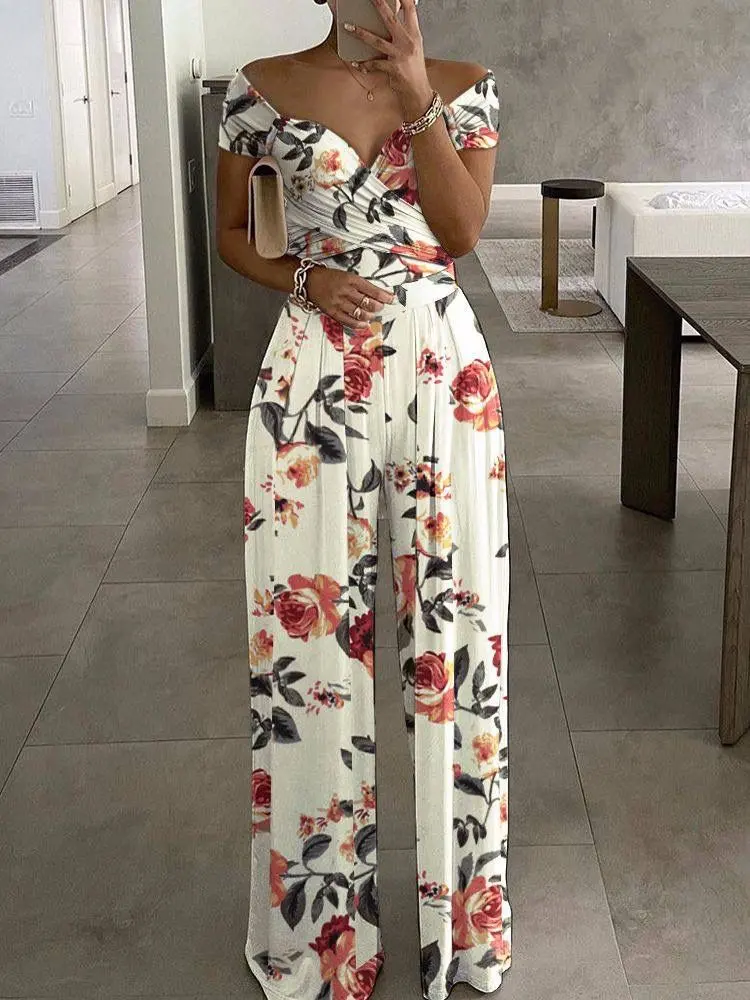 Floral Print Jumpsuit Women Summer Y2k Straight Party Overalls Y2k Club Romper Elegant Off Shoulder Sleeveless Party Jumpsuits