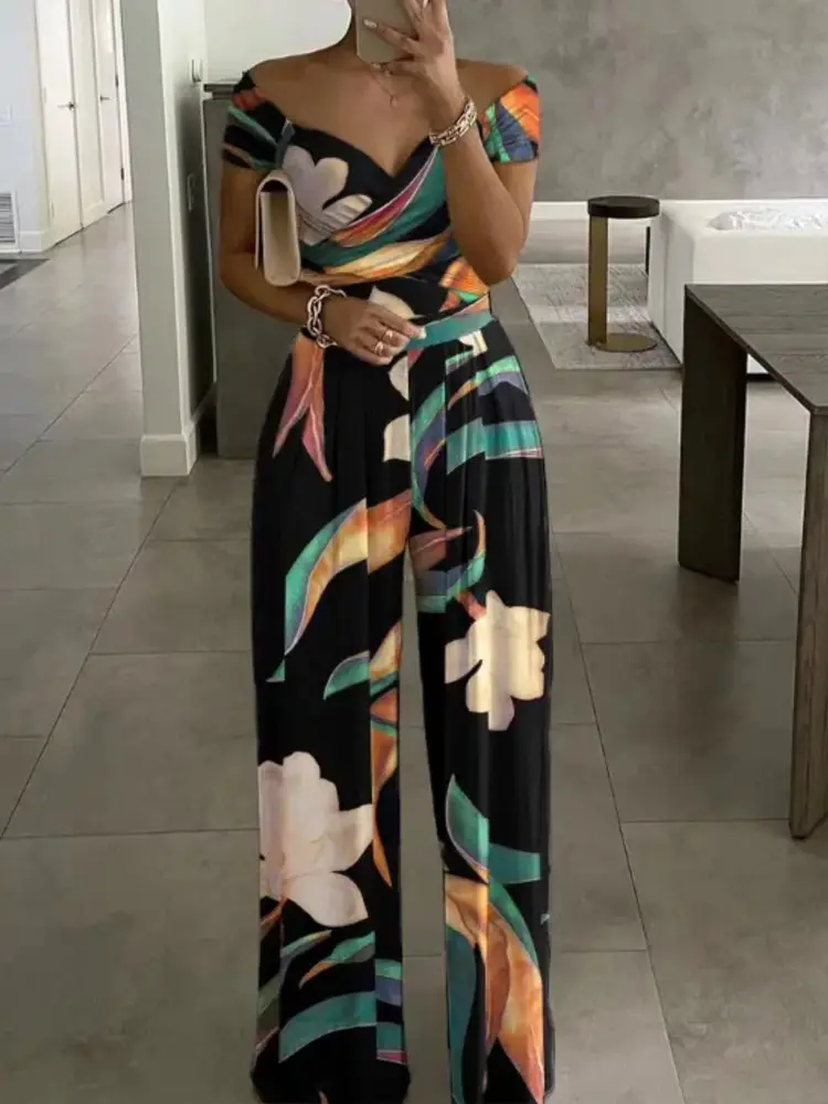 Floral Print Jumpsuit Women Summer Y2k Straight Party Overalls Y2k Club Romper Elegant Off Shoulder Sleeveless Party Jumpsuits