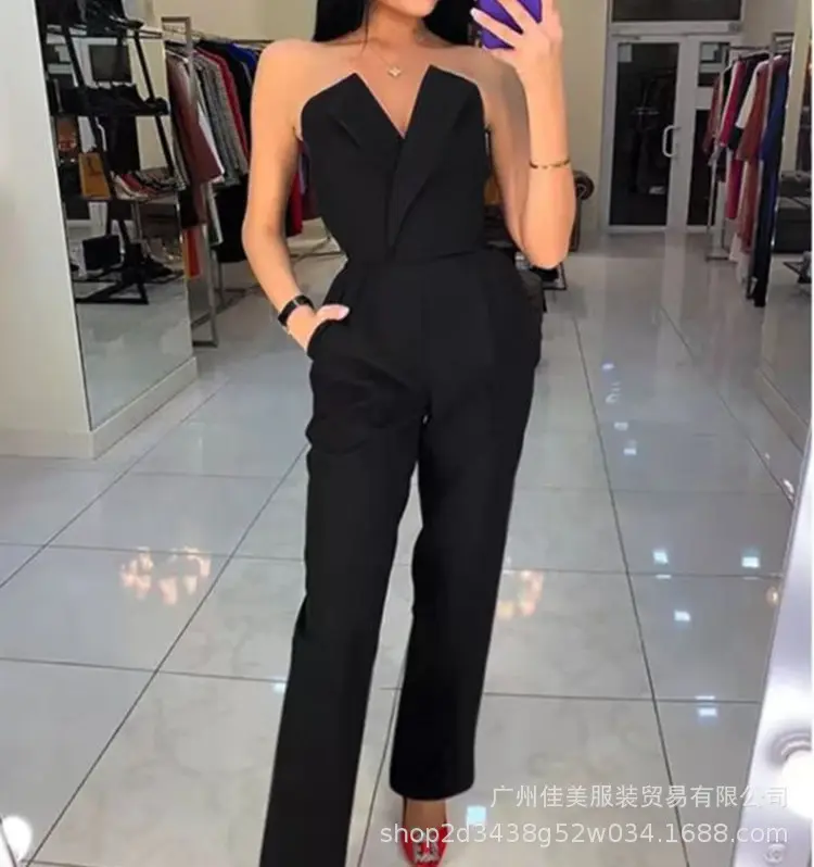Women Jumpsuits One Piece Slash Neck Sleeveless Rompers Overalls Solid Color Straight Pants Pockets Spliced High Street Sexy