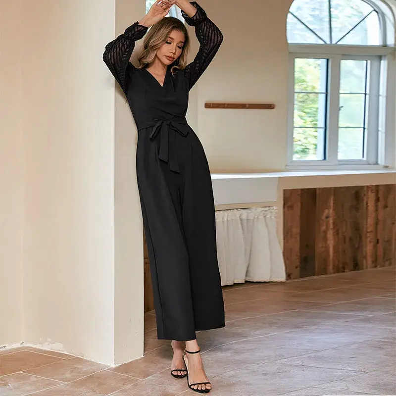 Black Jumpsuit for Women Lace-up V Neck Long Sleeve Romper Overalls Woman Hollow Out Spring Autumn Winter Classy Party Jumpsuits