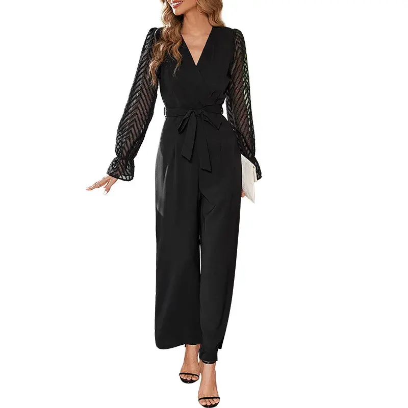 Black Jumpsuit for Women Lace-up V Neck Long Sleeve Romper Overalls Woman Hollow Out Spring Autumn Winter Classy Party Jumpsuits