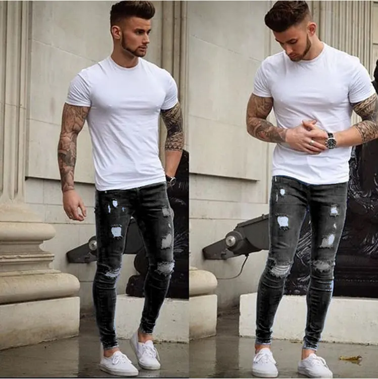 Men Jeans Denim Pencil Pants Distressed Mid Waist Sheath Ankle Length Zipper Fly Pockets Slim Washing High Street 2024