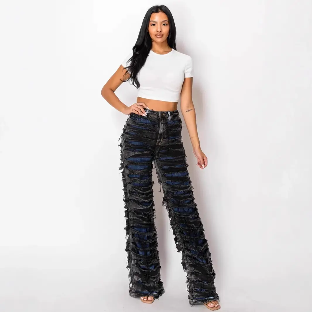 Vintage Jeans Straight Pants Women Double Hole Denim Trousers Streetwear High Waist Stretch Punk Gothic Y2k 2025 Floor Length